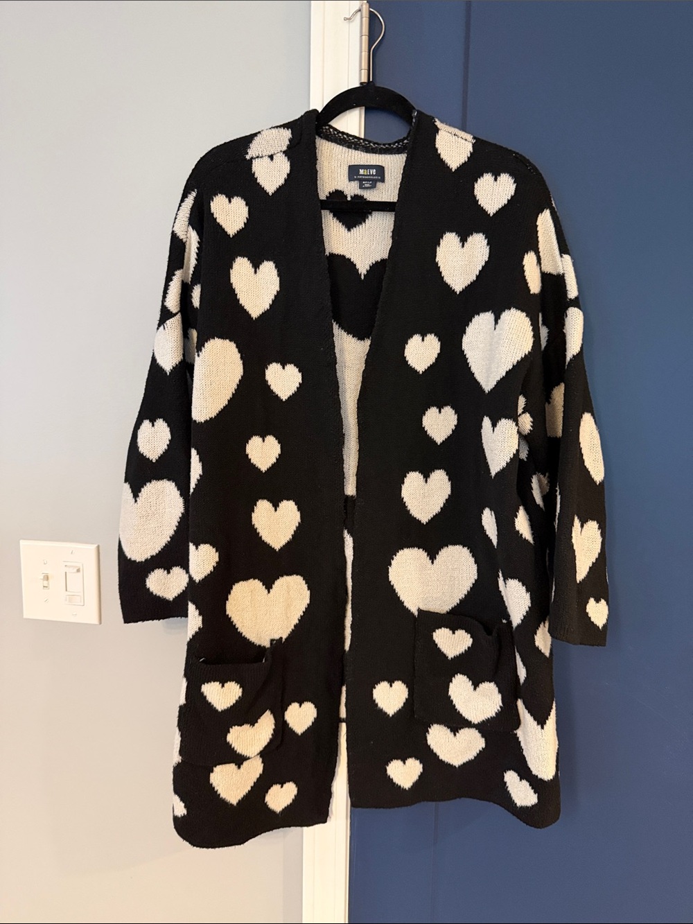 Maeve Anthropologie Black Open Cardigan with Cream Heart Pattern Vegan